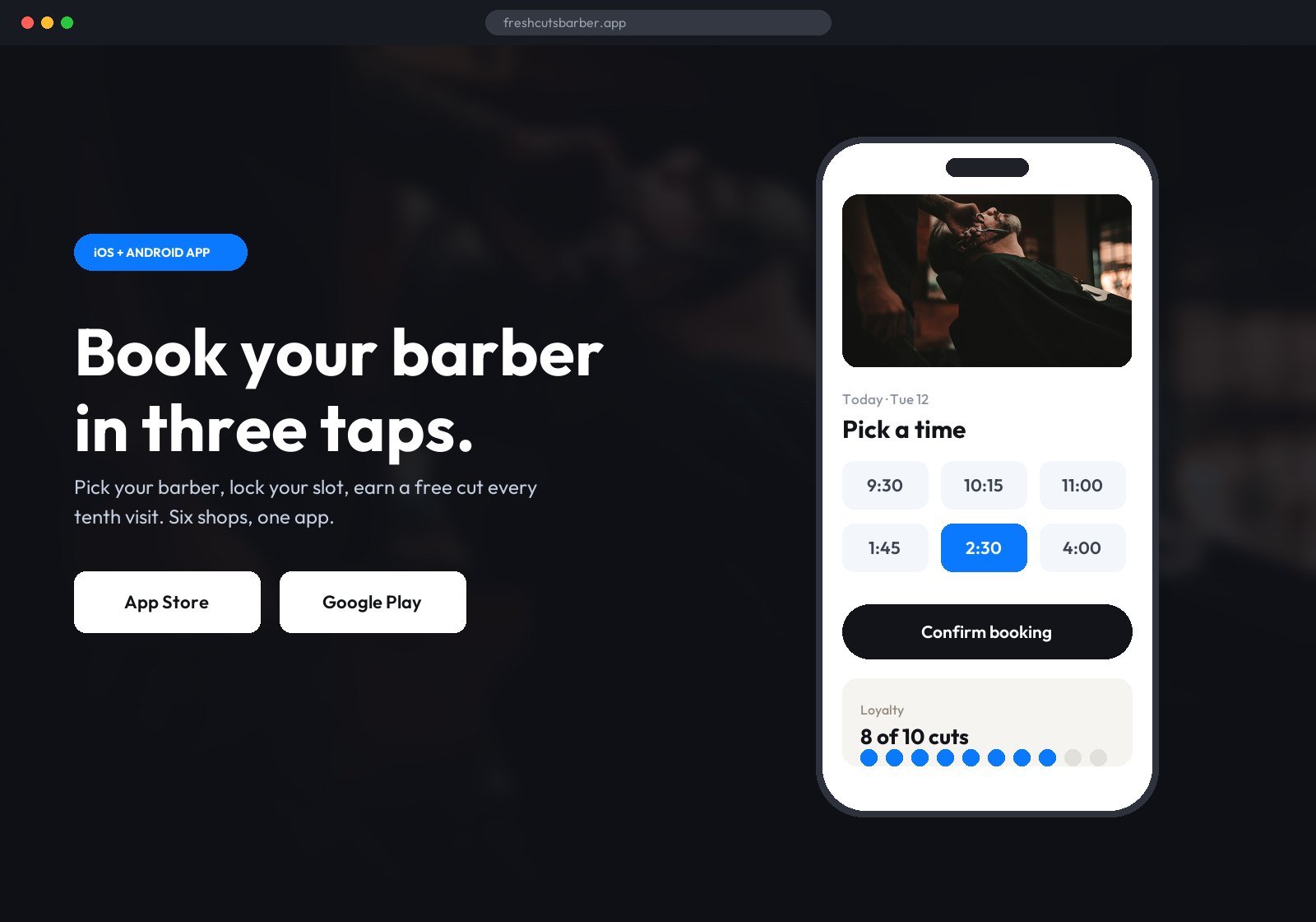 Barbershop booking and loyalty mobile app concept screens