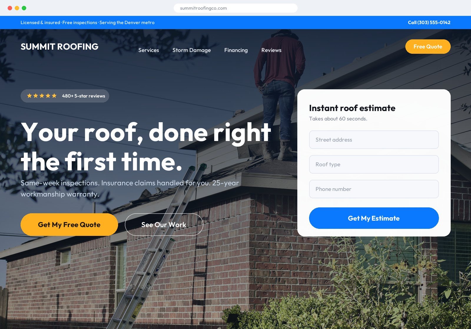Roofing contractor lead generation website concept with instant quote tool